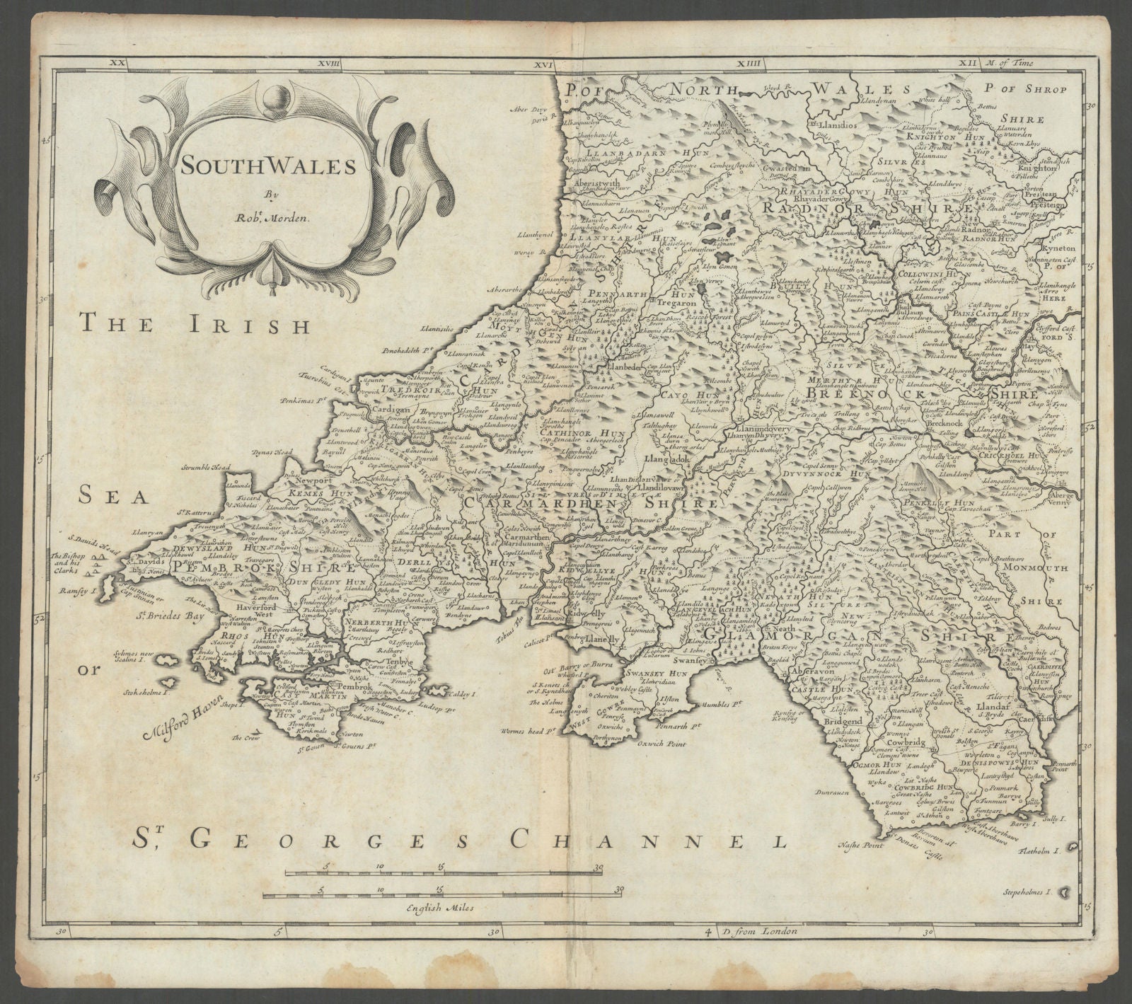SOUTH WALES by ROBERT MORDEN from Camden's Britannia 1722 old antique map